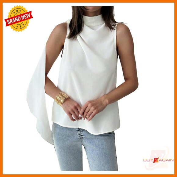 Tops - Ruffle Sleeveless Mock Neck Ruched Blouse - M/L - Stretch Fabric